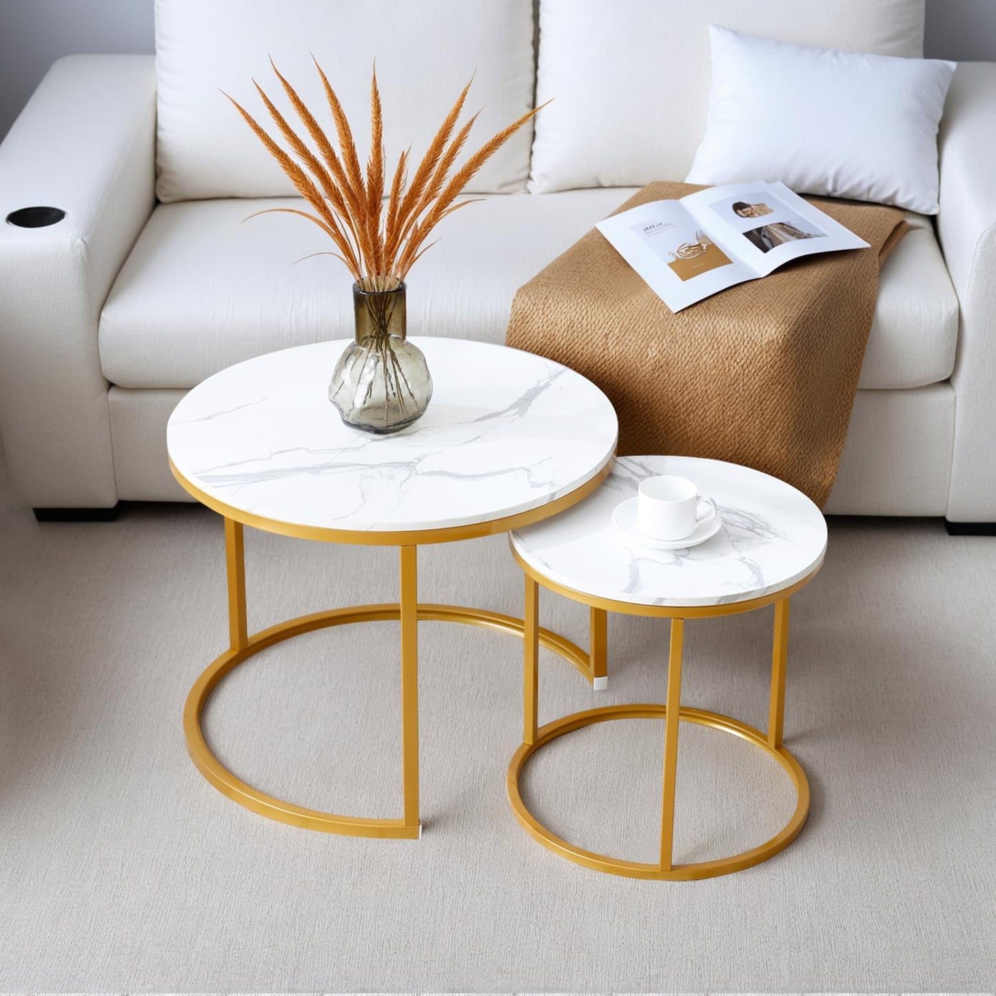 Nesting Coffee Table Set of 2, Round Coffee Tables for Living Room with White Marble Tabletop, Black Metal Frame and Non-Slip Feet,Modern Circle Wooden Tables Side Table End Tables for Bedroom