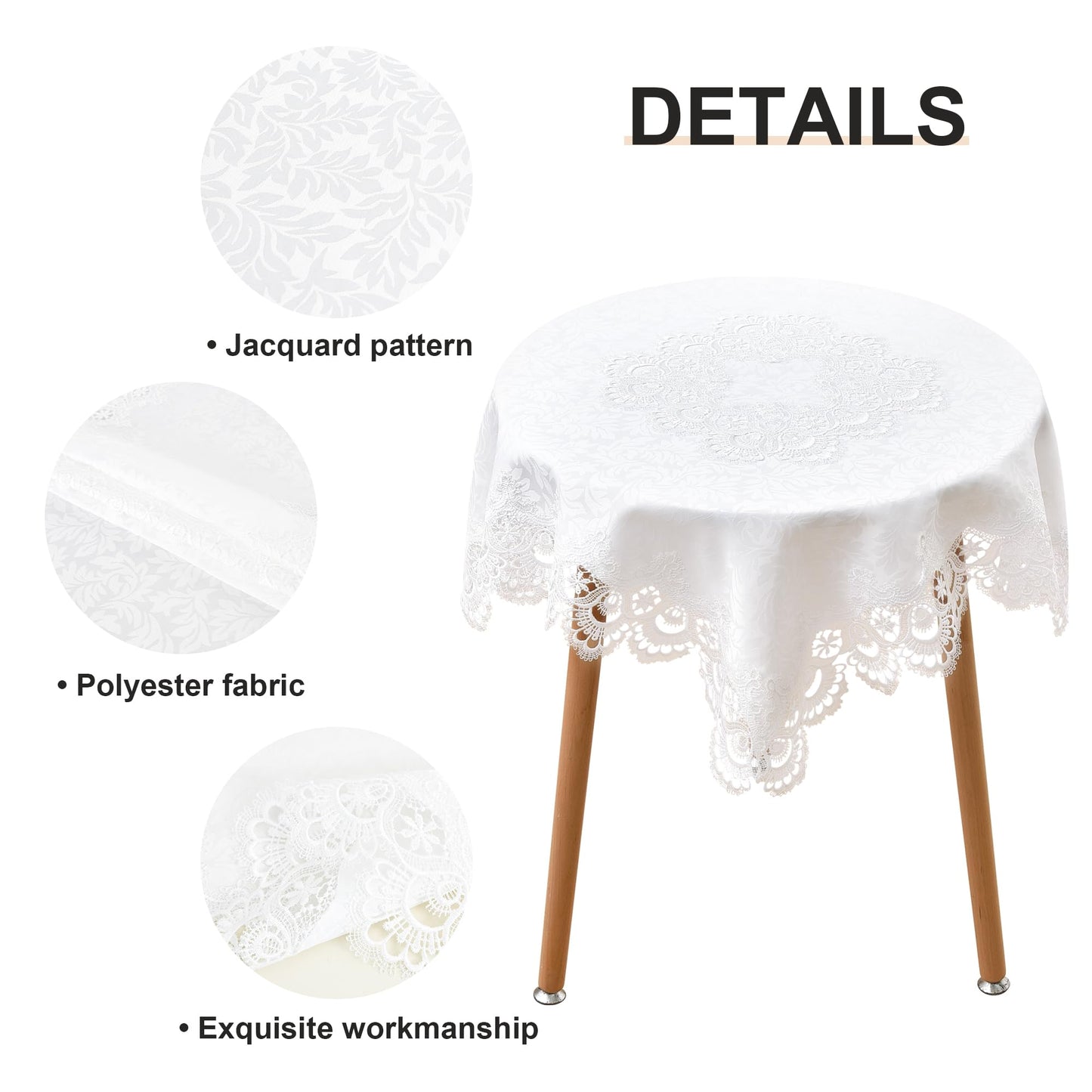 Wolkemer Small Square Tablecloth Elegant White Lace Jacquard Round Doily Tablecloths Table Topper Decoration Cover for Home Dresser Scarf and Table Centerpiece 24 x 24 Inch
