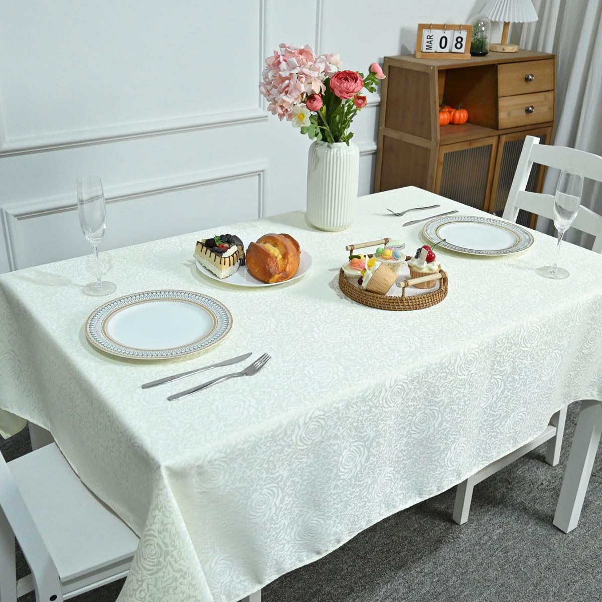 HAORUI Square Jacquard Tablecloth Peony Damask Patterns Table Cloth Cover for Round Nightstand End Bedside Table Tabletop Decoration (Ivory, 36x36 inch)