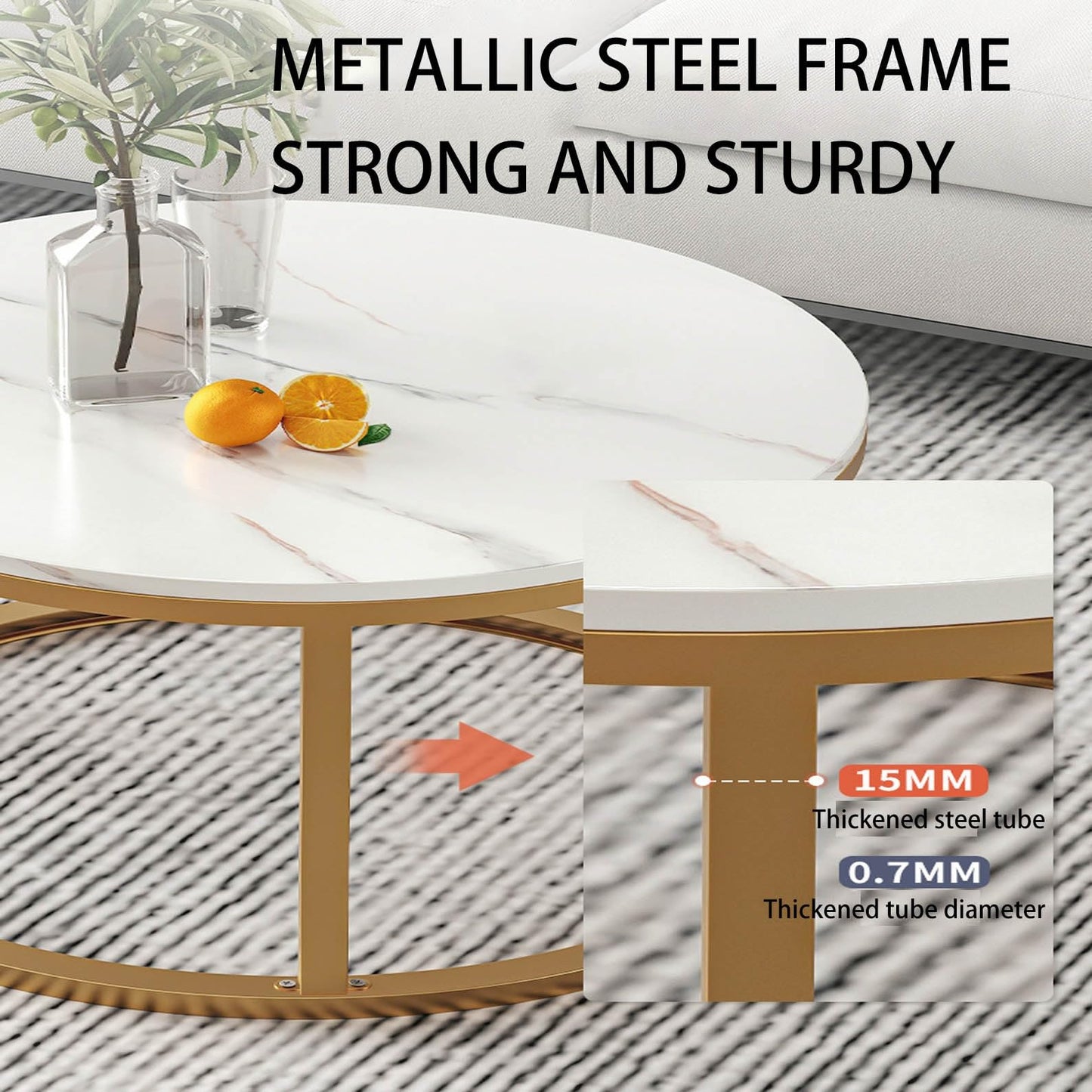 Round Coffee Tables Nesting Tables Set Of 2, Circle Cocktail Table Modern Design,Gold Metal FrameDesk,Industrial End Tables Simple Nightstand For Living Room Balcony Office(31.5x17.7+23.6x14.9in)
