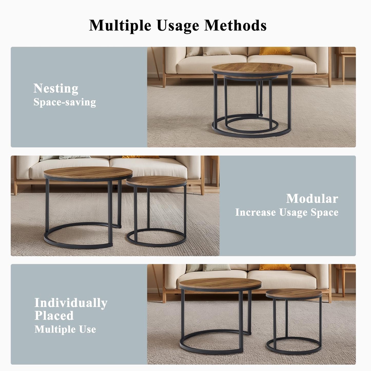 Nesting Coffee Table Set of 2, Round Coffee Tables for Living Room with White Marble Tabletop, Black Metal Frame and Non-Slip Feet,Modern Circle Wooden Tables Side Table End Tables for Bedroom