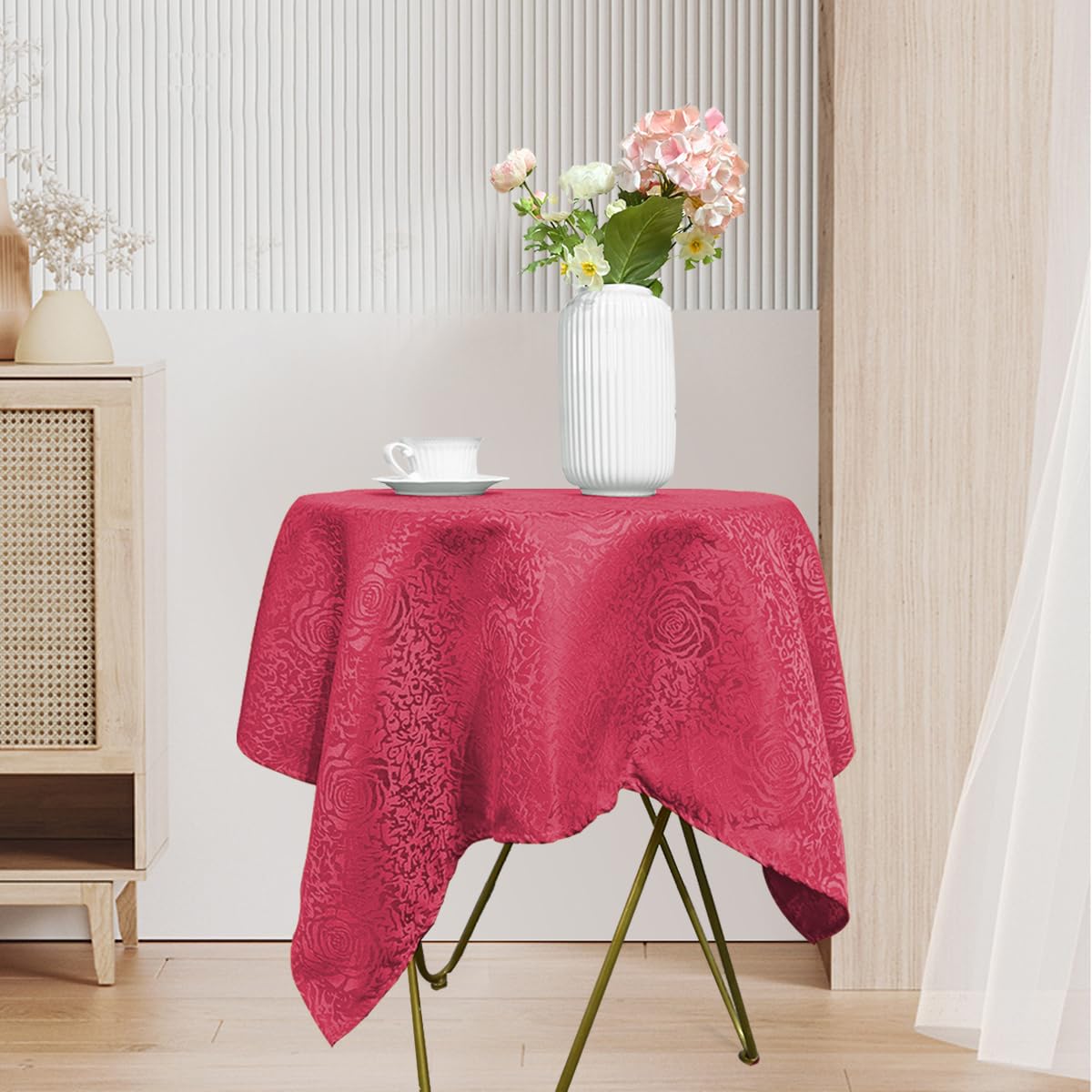 HAORUI Square Jacquard Tablecloth Peony Damask Patterns Table Cloth Cover for Round Nightstand End Bedside Table Tabletop Decoration (Ivory, 36x36 inch)