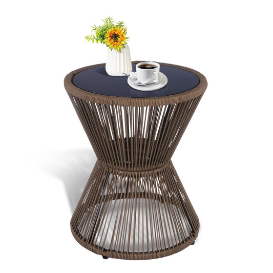 LEWIS&WAYNE Small Outdoor Side Table Patio 20’’ H Woven Rope Hourglass End Table with Glass Top Round Coffee Table for Living Room Outdoor Patio Backyard Poolside (Brown)