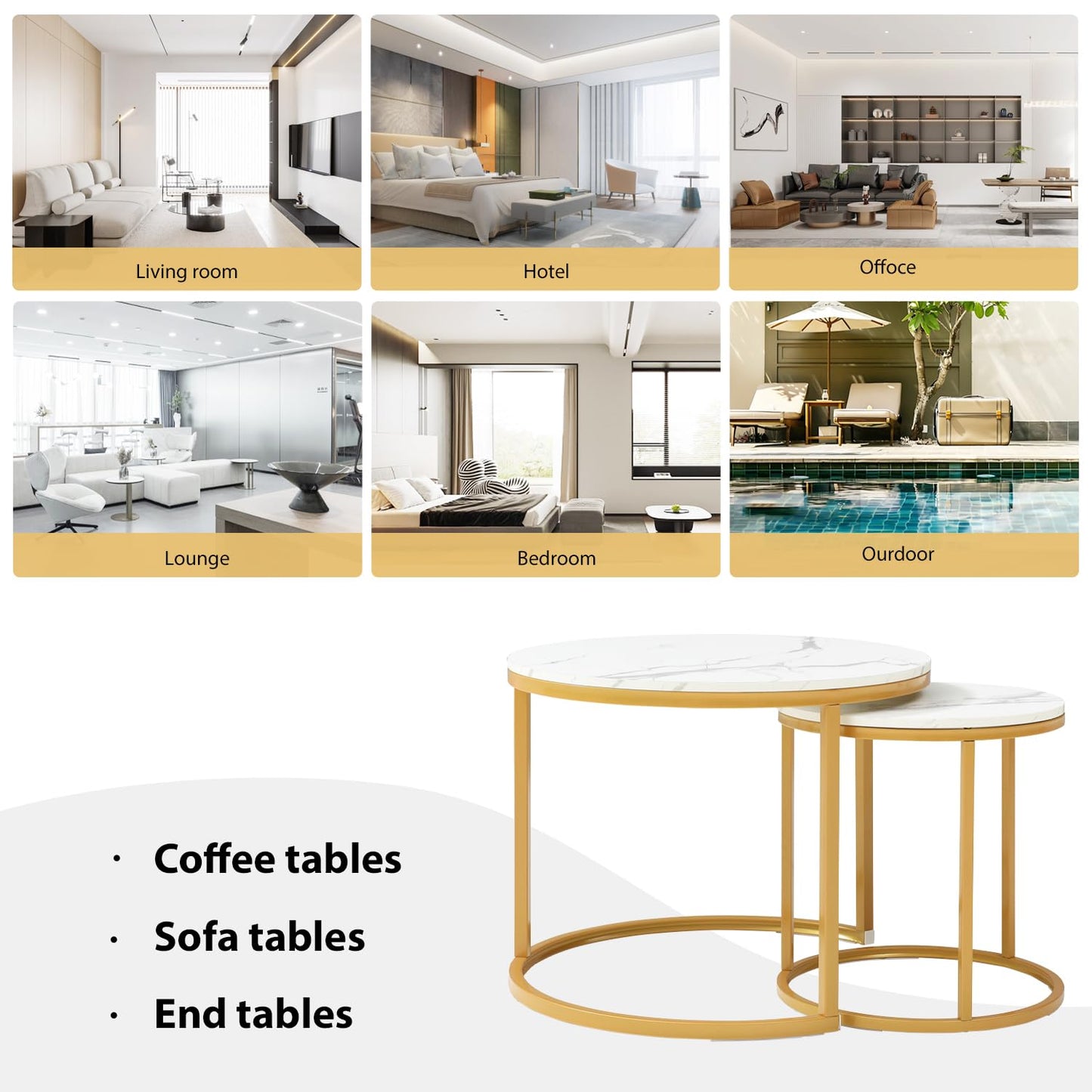 Nesting Coffee Table Set of 2, Round Coffee Tables for Living Room with White Marble Tabletop, Black Metal Frame and Non-Slip Feet,Modern Circle Wooden Tables Side Table End Tables for Bedroom