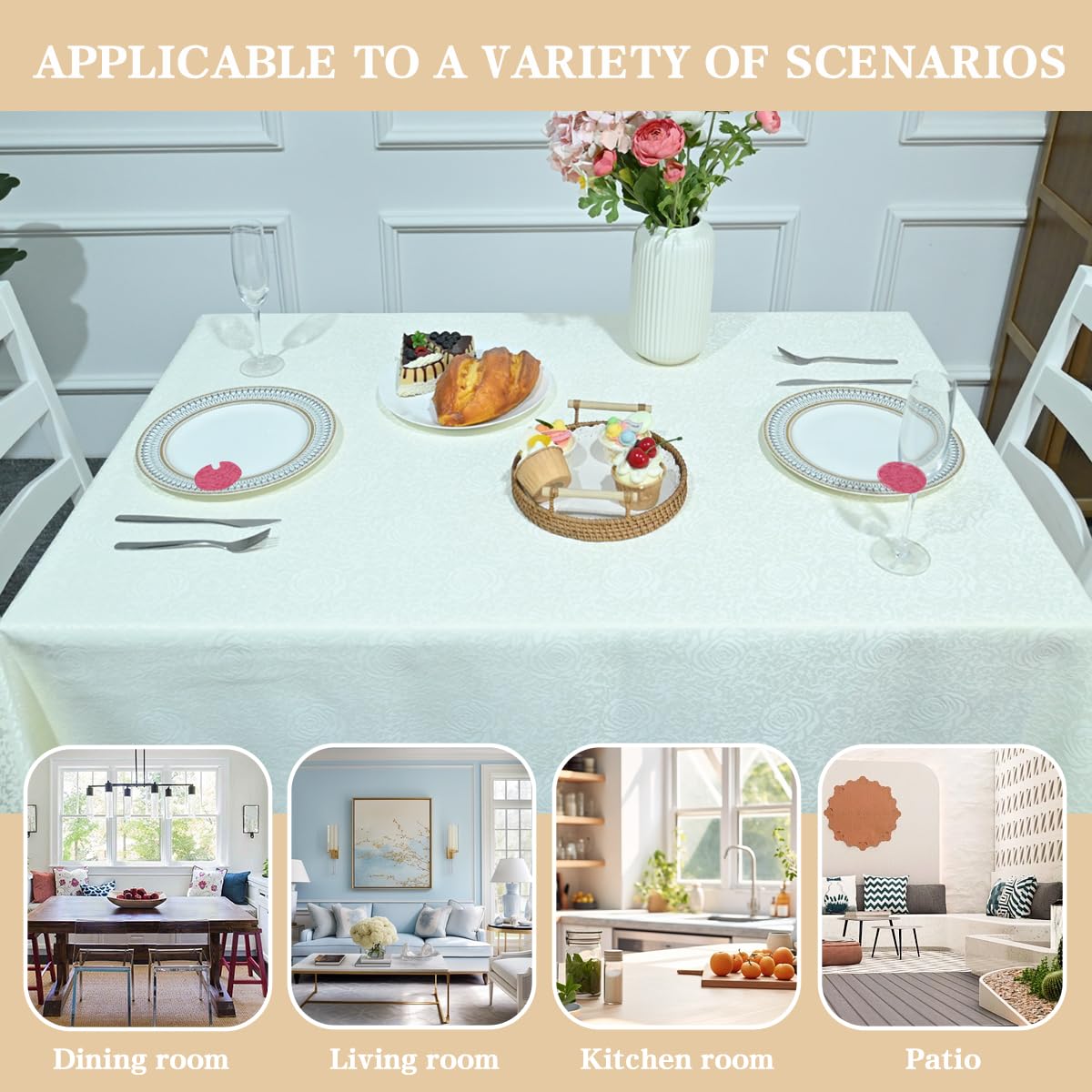 HAORUI Square Jacquard Tablecloth Peony Damask Patterns Table Cloth Cover for Round Nightstand End Bedside Table Tabletop Decoration (Ivory, 36x36 inch)