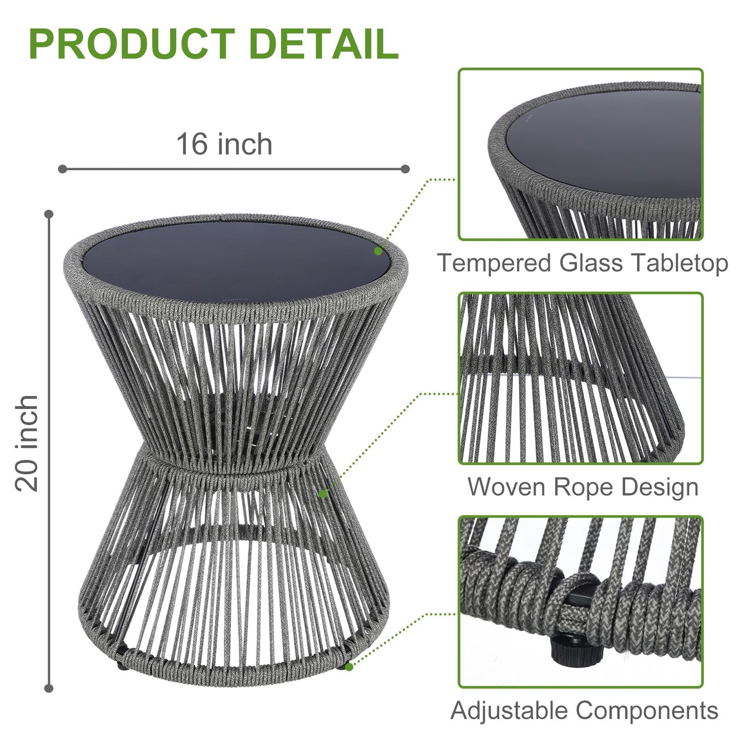 LEWIS&WAYNE Small Outdoor Side Table Patio 20’’ H Woven Rope Hourglass End Table with Glass Top Round Coffee Table for Living Room Outdoor Patio Backyard Poolside (Brown)