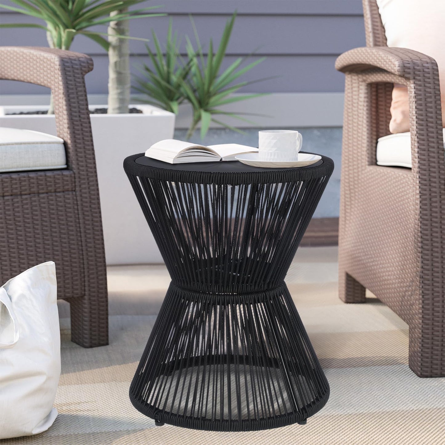LEWIS&WAYNE Small Outdoor Side Table Patio 20’’ H Woven Rope Hourglass End Table with Glass Top Round Coffee Table for Living Room Outdoor Patio Backyard Poolside (Brown)