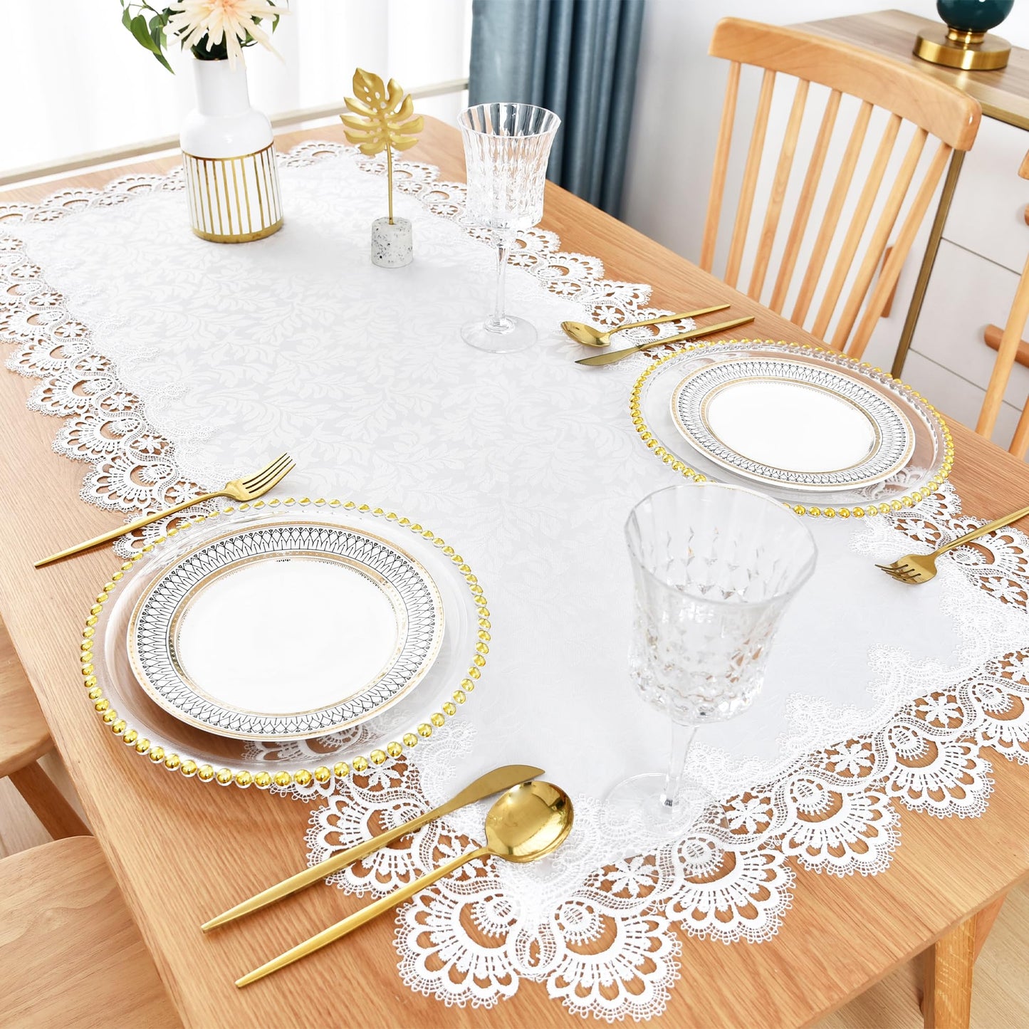 Wolkemer Small Square Tablecloth Elegant White Lace Jacquard Round Doily Tablecloths Table Topper Decoration Cover for Home Dresser Scarf and Table Centerpiece 24 x 24 Inch