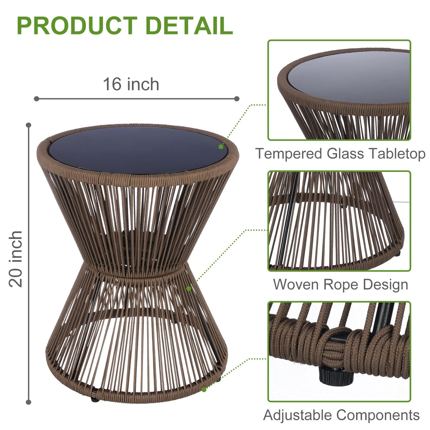 LEWIS&WAYNE Small Outdoor Side Table Patio 20’’ H Woven Rope Hourglass End Table with Glass Top Round Coffee Table for Living Room Outdoor Patio Backyard Poolside (Brown)
