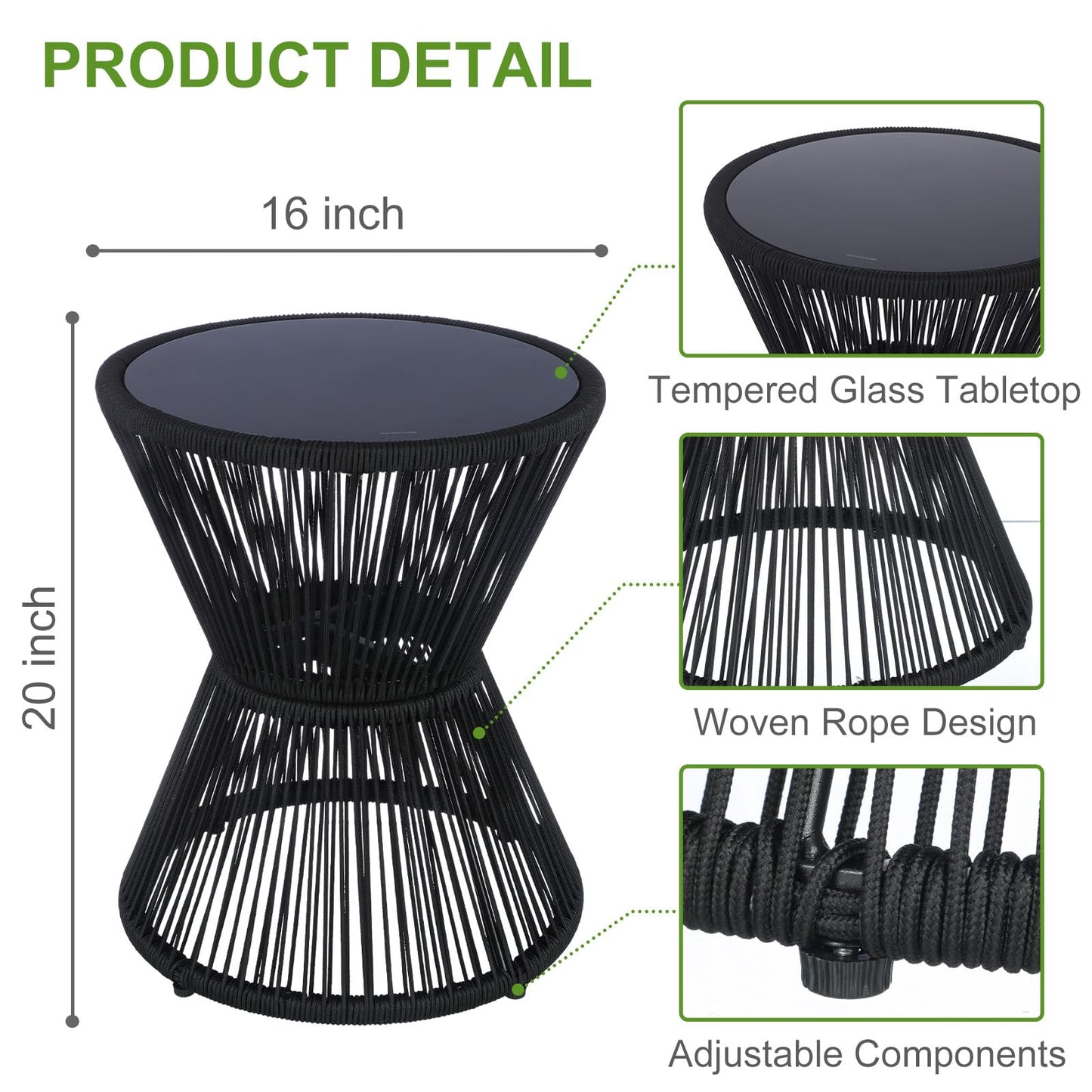 LEWIS&WAYNE Small Outdoor Side Table Patio 20’’ H Woven Rope Hourglass End Table with Glass Top Round Coffee Table for Living Room Outdoor Patio Backyard Poolside (Brown)