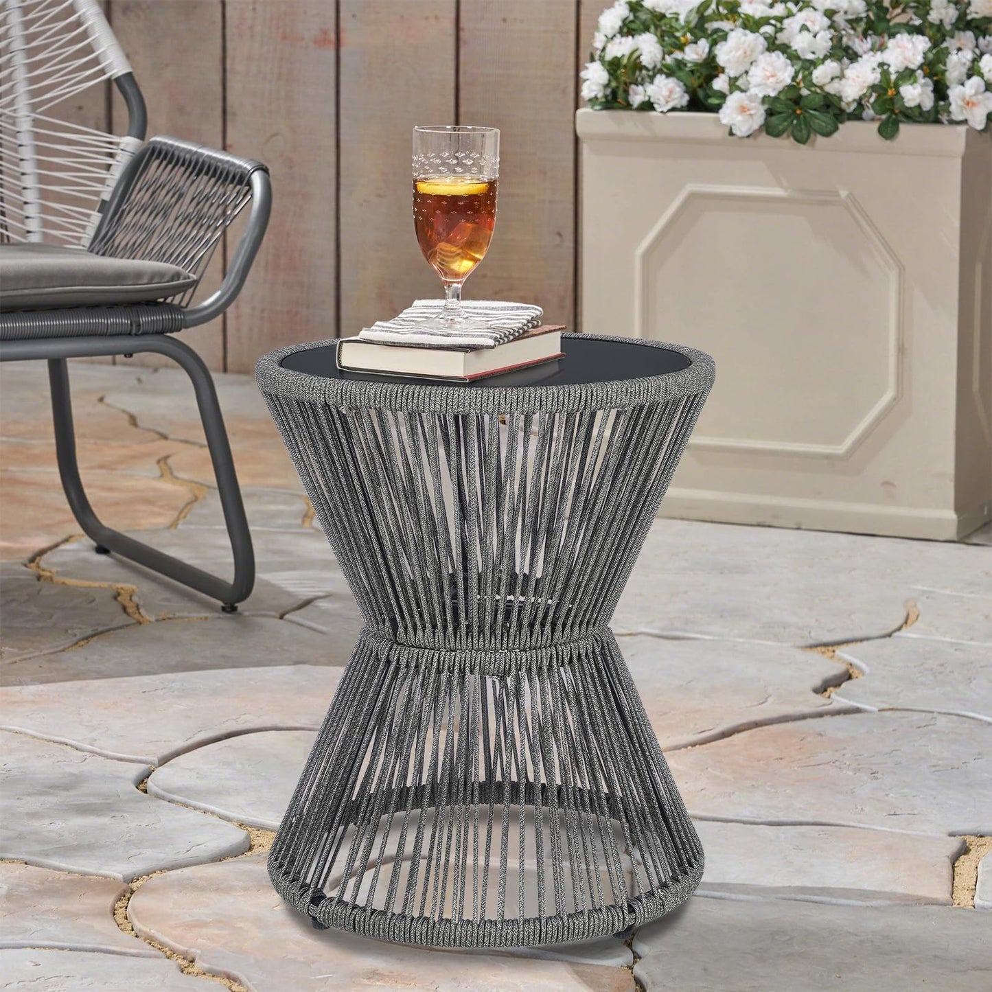 LEWIS&WAYNE Small Outdoor Side Table Patio 20’’ H Woven Rope Hourglass End Table with Glass Top Round Coffee Table for Living Room Outdoor Patio Backyard Poolside (Brown)