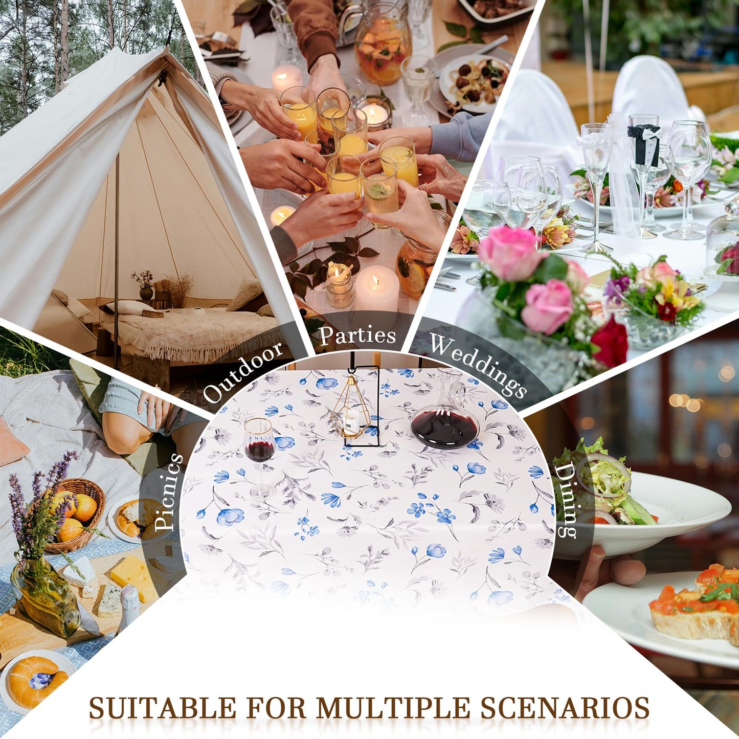 Round Tablecloth 60Inch Green Floral Table Cloth Waterproof Spill-Proof Wrinkle Free Table Cover for Outdoor Party Picnic Dinner Patio Halloween Fall Decor