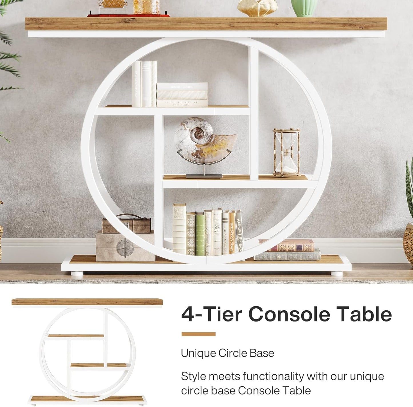 Tribesigns 41.3" Console Table, Industrial 4-Tier Sofa Table Entryway Table with Circle Base, Narrow Wood Accent Tables with Storage Shelves for Living Room, Hallway, Foyer, Rustic Brown