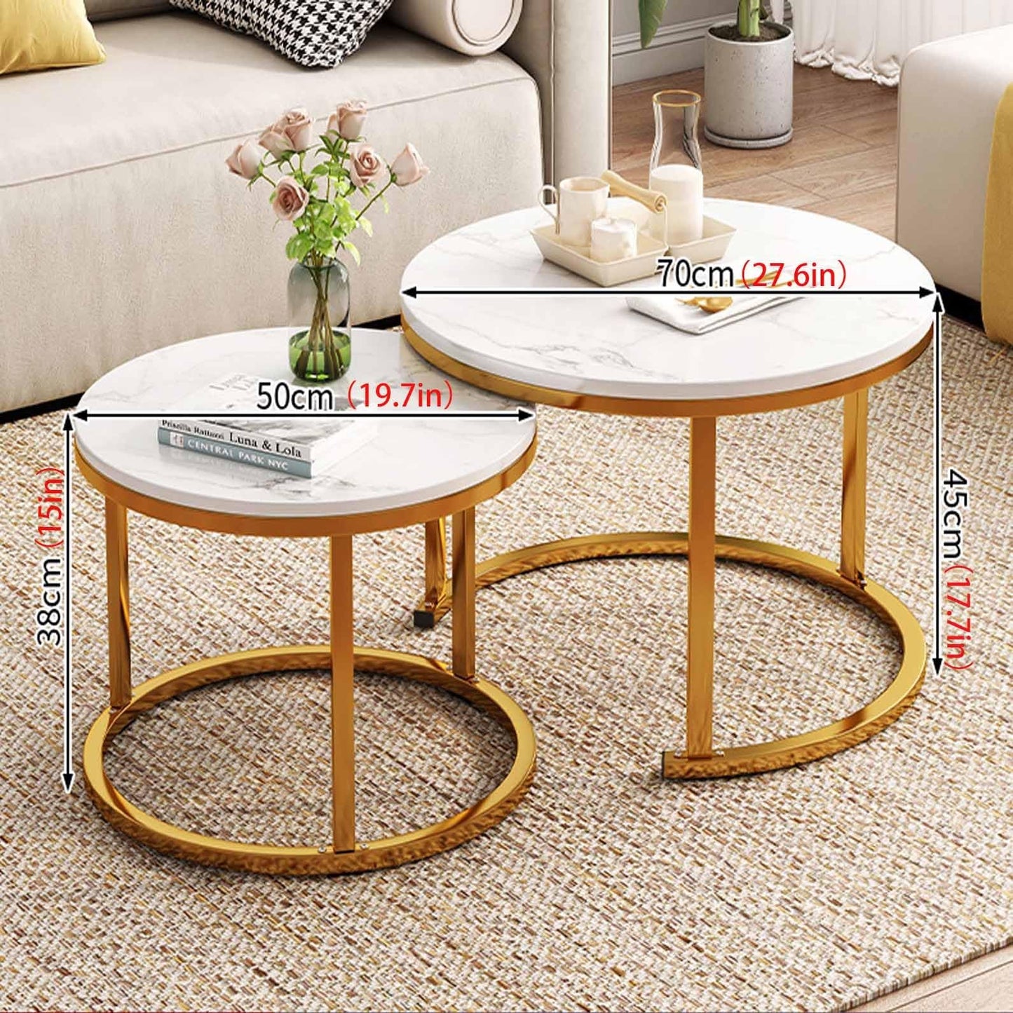 Round Coffee Tables Nesting Tables Set Of 2, Circle Cocktail Table Modern Design,Gold Metal FrameDesk,Industrial End Tables Simple Nightstand For Living Room Balcony Office(31.5x17.7+23.6x14.9in)