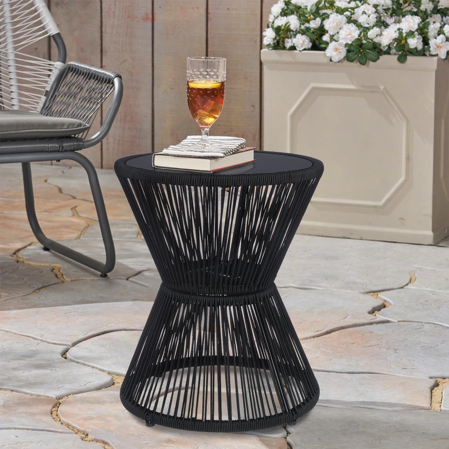LEWIS&WAYNE Small Outdoor Side Table Patio 20’’ H Woven Rope Hourglass End Table with Glass Top Round Coffee Table for Living Room Outdoor Patio Backyard Poolside (Brown)