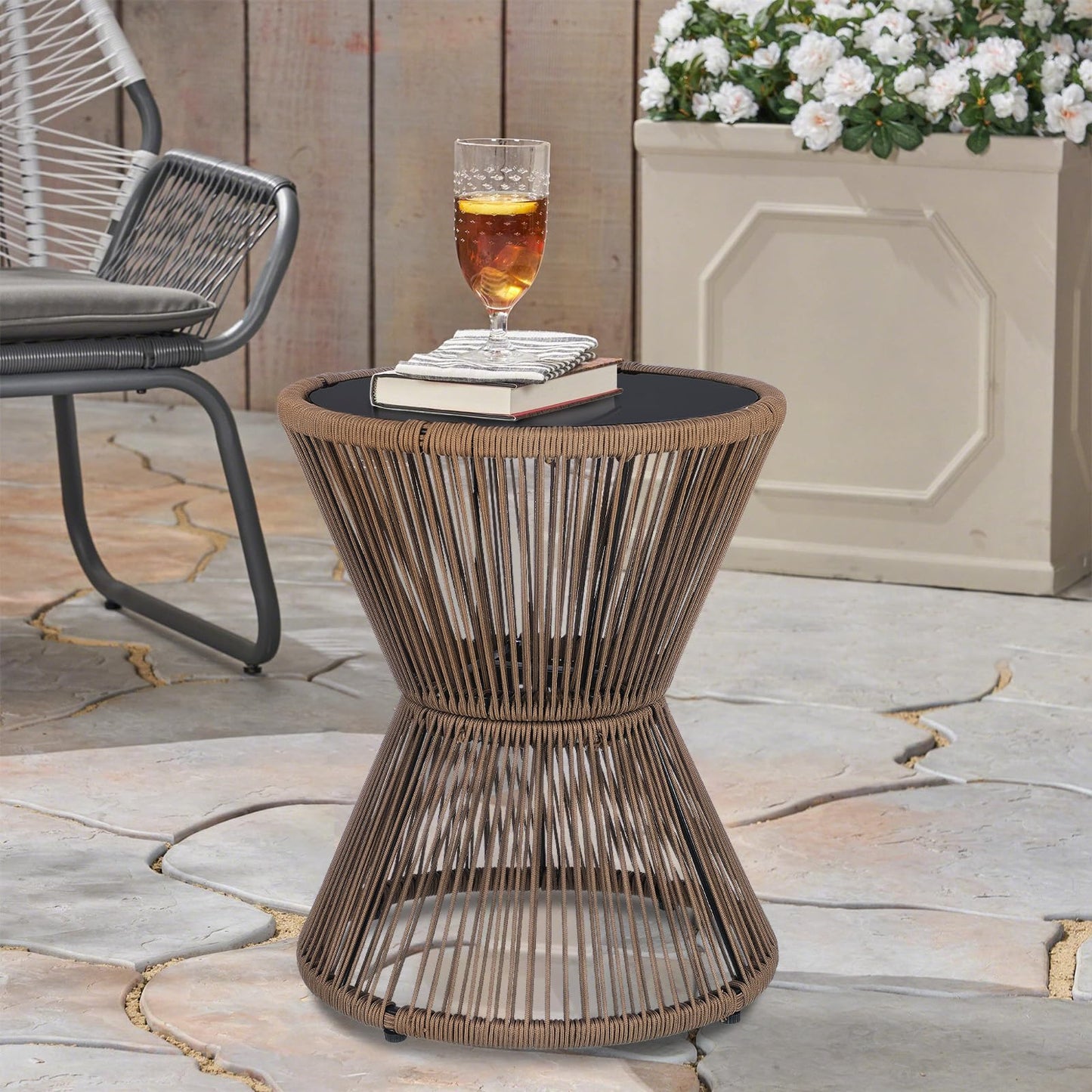 LEWIS&WAYNE Small Outdoor Side Table Patio 20’’ H Woven Rope Hourglass End Table with Glass Top Round Coffee Table for Living Room Outdoor Patio Backyard Poolside (Brown)