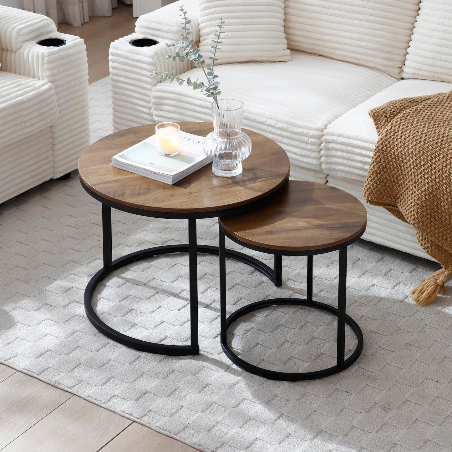 Nesting Coffee Table Set of 2, Round Coffee Tables for Living Room with White Marble Tabletop, Black Metal Frame and Non-Slip Feet,Modern Circle Wooden Tables Side Table End Tables for Bedroom