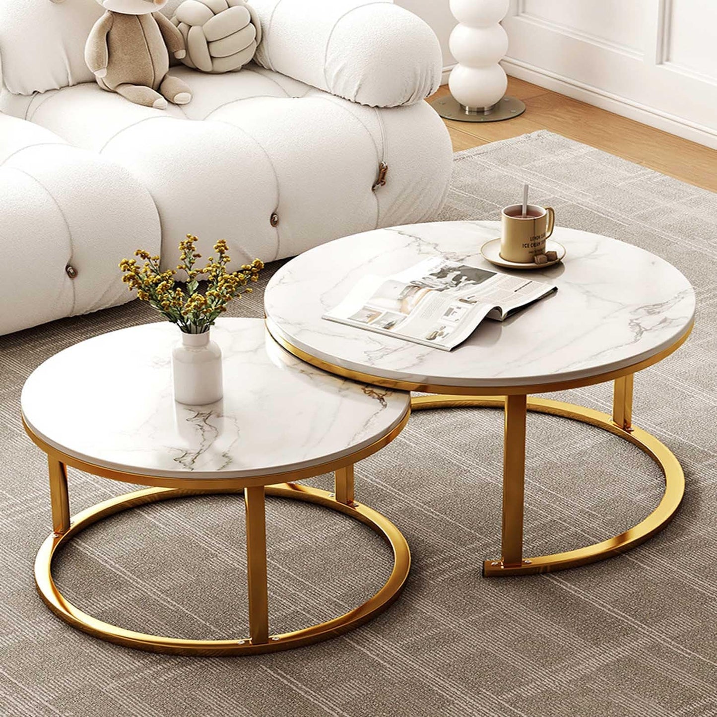 Round Coffee Tables Nesting Tables Set Of 2, Circle Cocktail Table Modern Design,Gold Metal FrameDesk,Industrial End Tables Simple Nightstand For Living Room Balcony Office(31.5x17.7+23.6x14.9in)