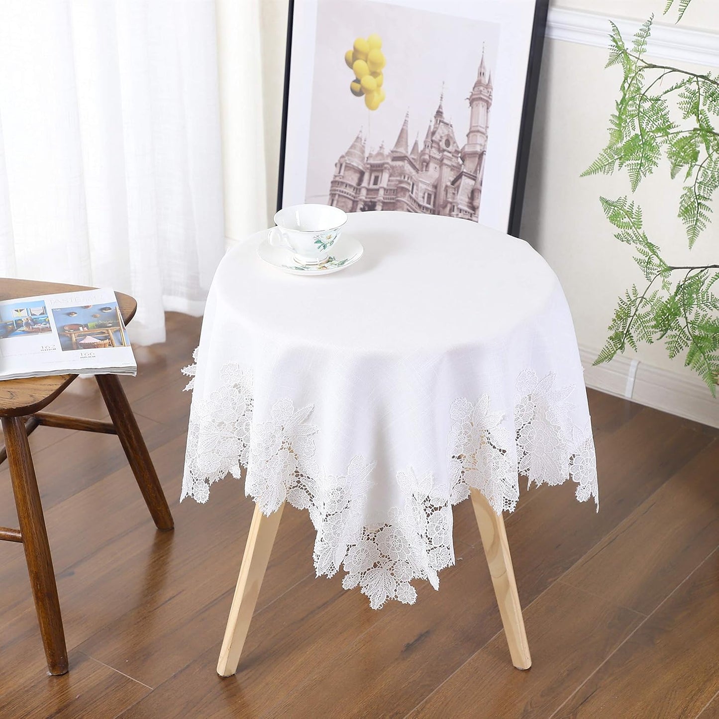 Cream White Lace Flower Embroidery Small Square Tablecloth Rustic Wedding Party Home Kitchen Cabinet Bedside Table Decorations 35 x 35 Inch