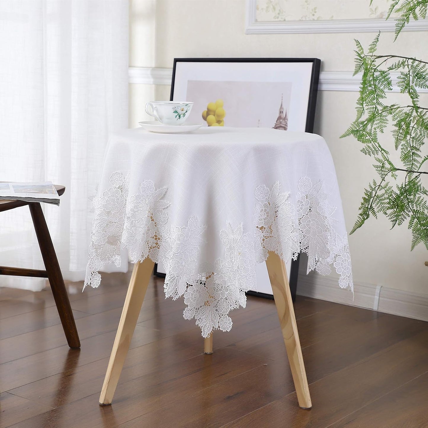 Cream White Lace Flower Embroidery Small Square Tablecloth Rustic Wedding Party Home Kitchen Cabinet Bedside Table Decorations 35 x 35 Inch
