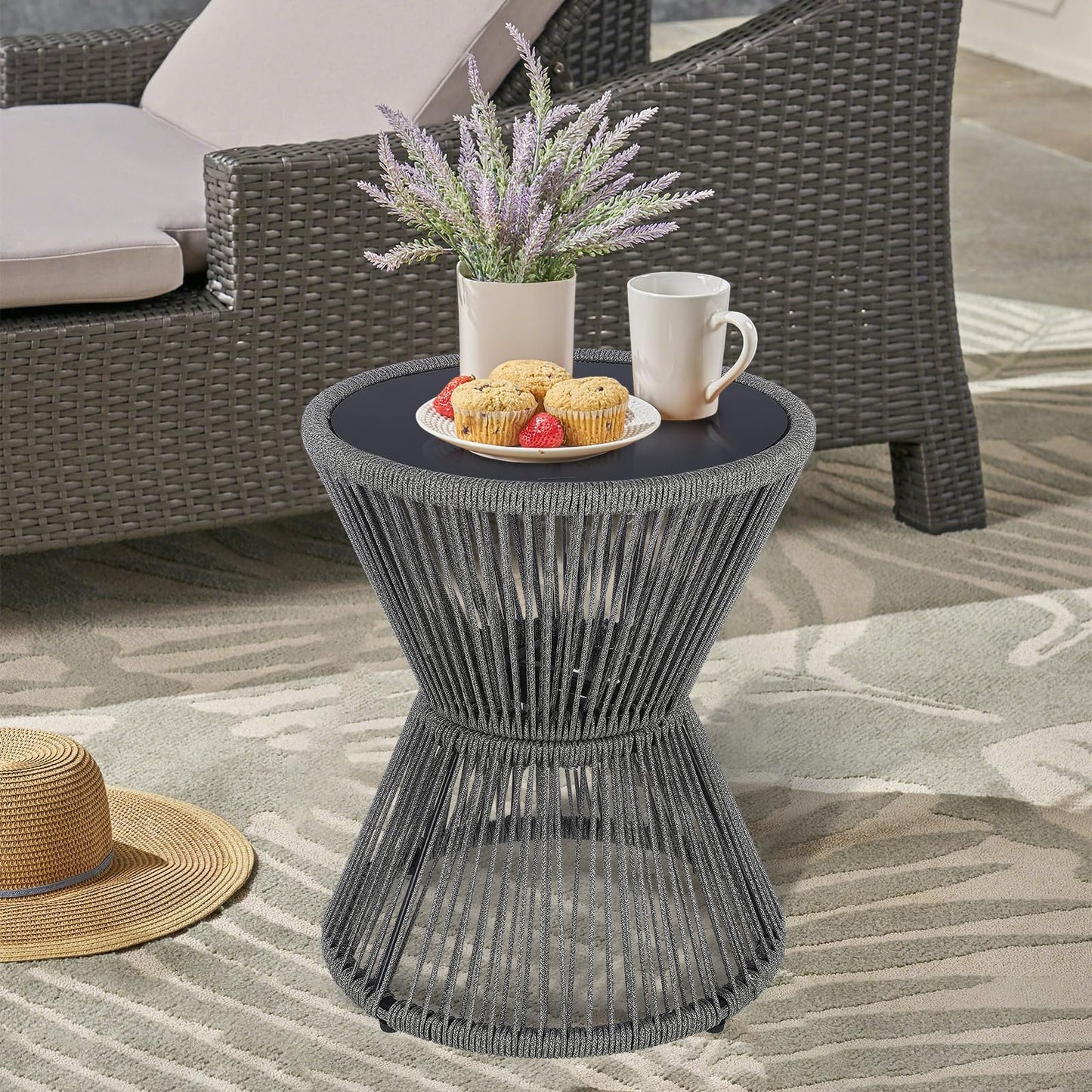 LEWIS&WAYNE Small Outdoor Side Table Patio 20’’ H Woven Rope Hourglass End Table with Glass Top Round Coffee Table for Living Room Outdoor Patio Backyard Poolside (Brown)